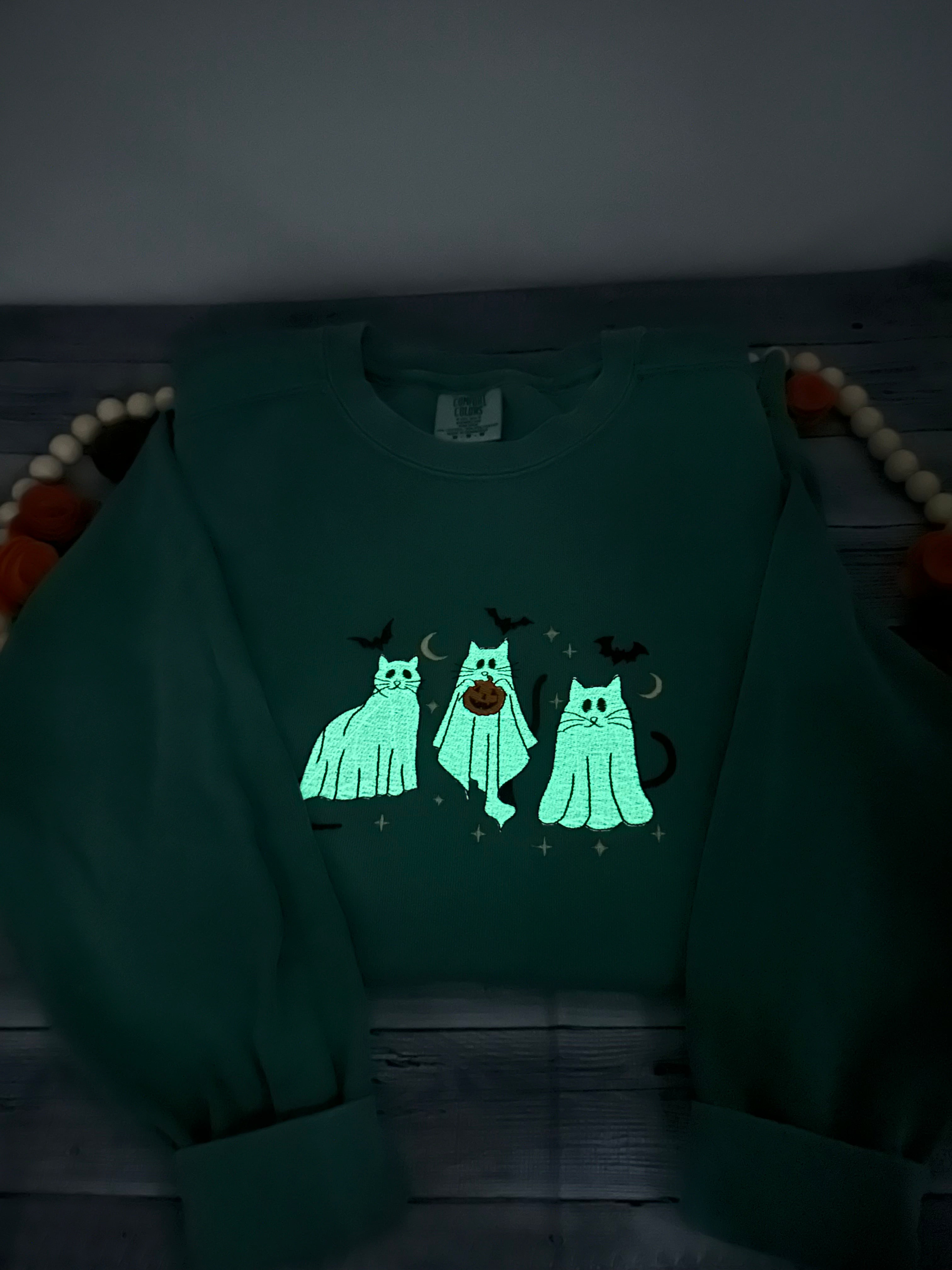 Ghost Cats Embroidered Sweatshirt, glow in the dark.